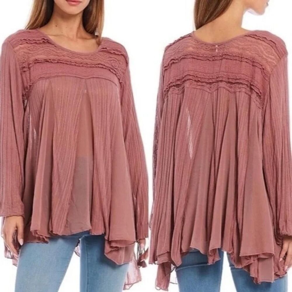 Free People Penny Lane Sheer Tunic Size Small Mauve BOHO Gauze Lace Oversized